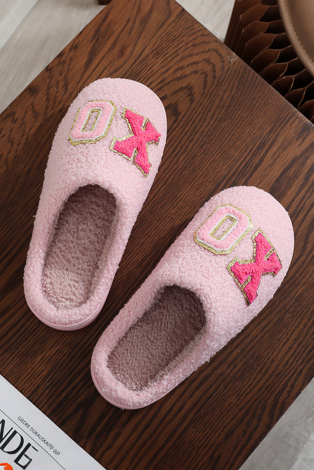 XO XO Glitter Trim Letter Patched Plush House Slippers