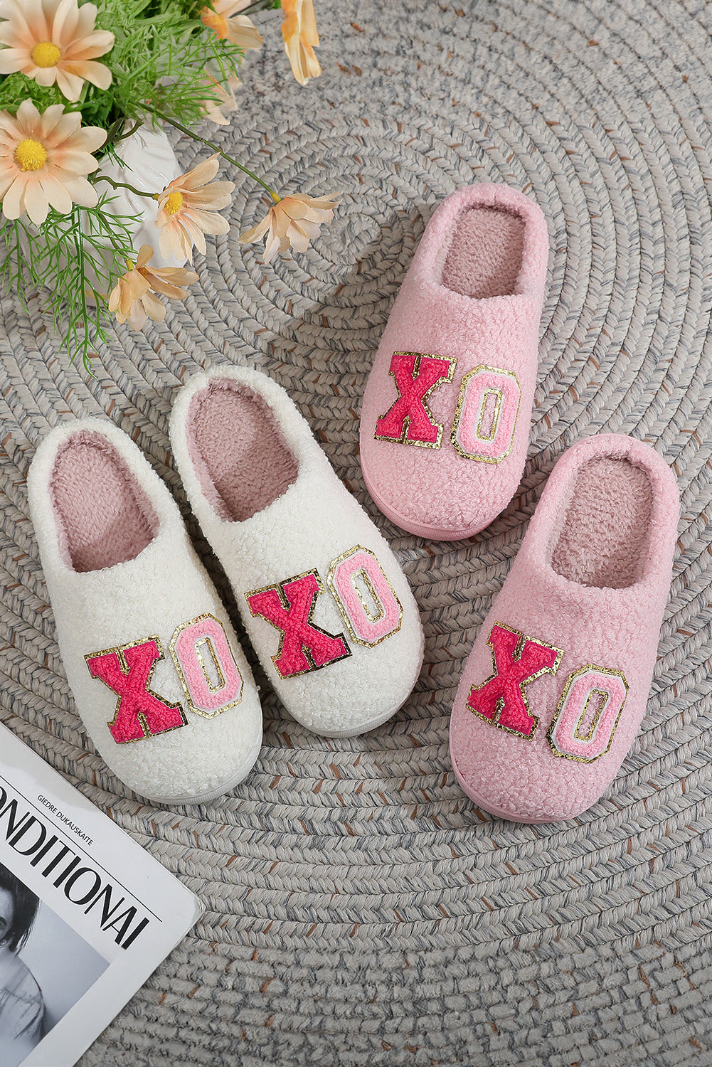 XO XO Glitter Trim Letter Patched Plush House Slippers