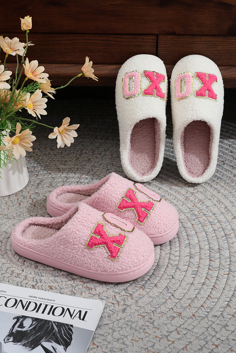 XO XO Glitter Trim Letter Patched Plush House Slippers