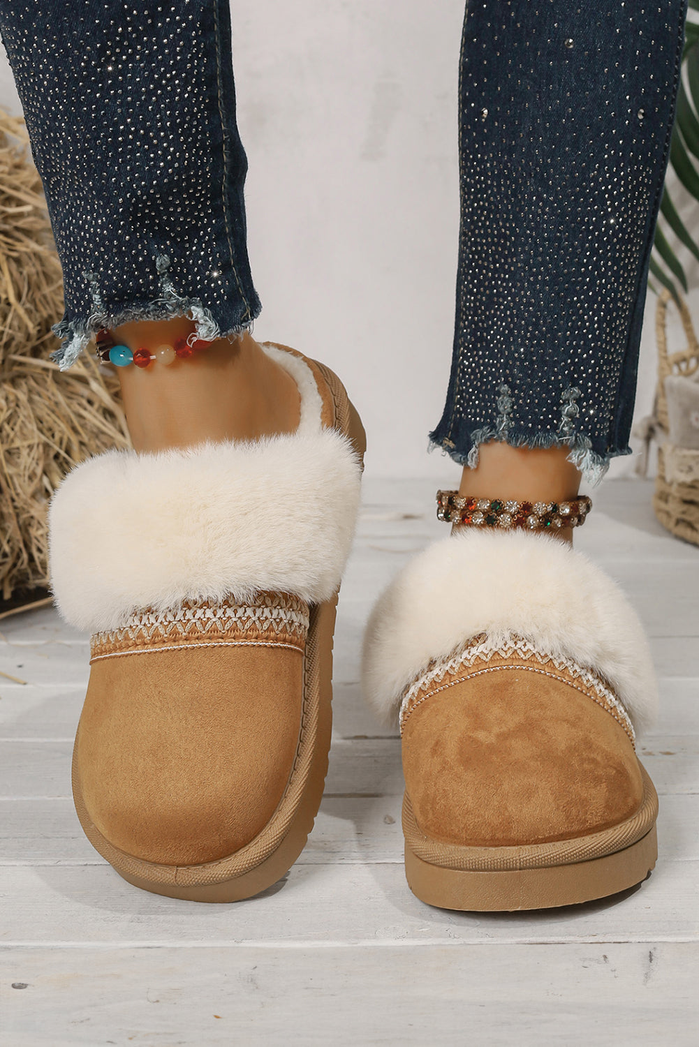 Faux Suede Plush Trim Ethnic Mule Slippers
