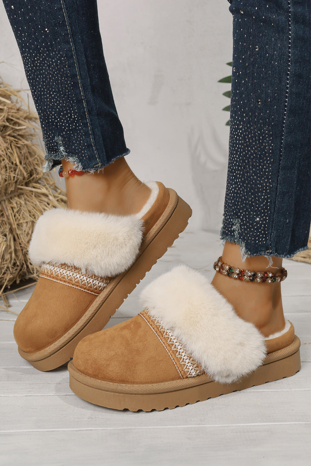 Faux Suede Plush Trim Ethnic Mule Slippers