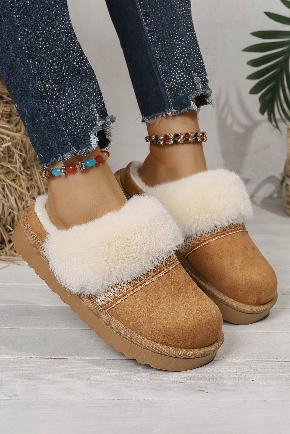 Faux Suede Plush Trim Ethnic Mule Slippers