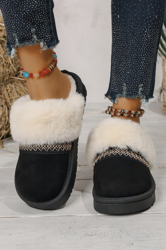 Faux Suede Plush Trim Ethnic Mule Slippers