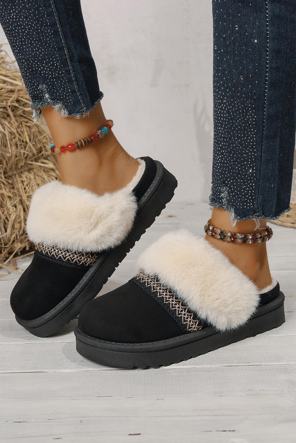 Faux Suede Plush Trim Ethnic Mule Slippers
