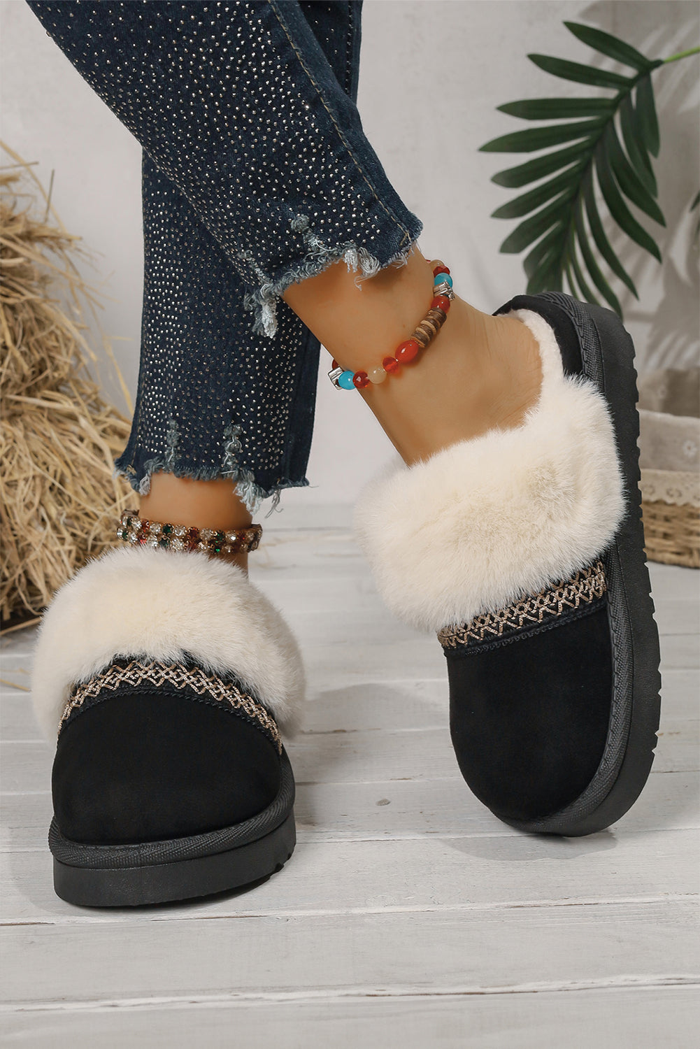Faux Suede Plush Trim Ethnic Mule Slippers