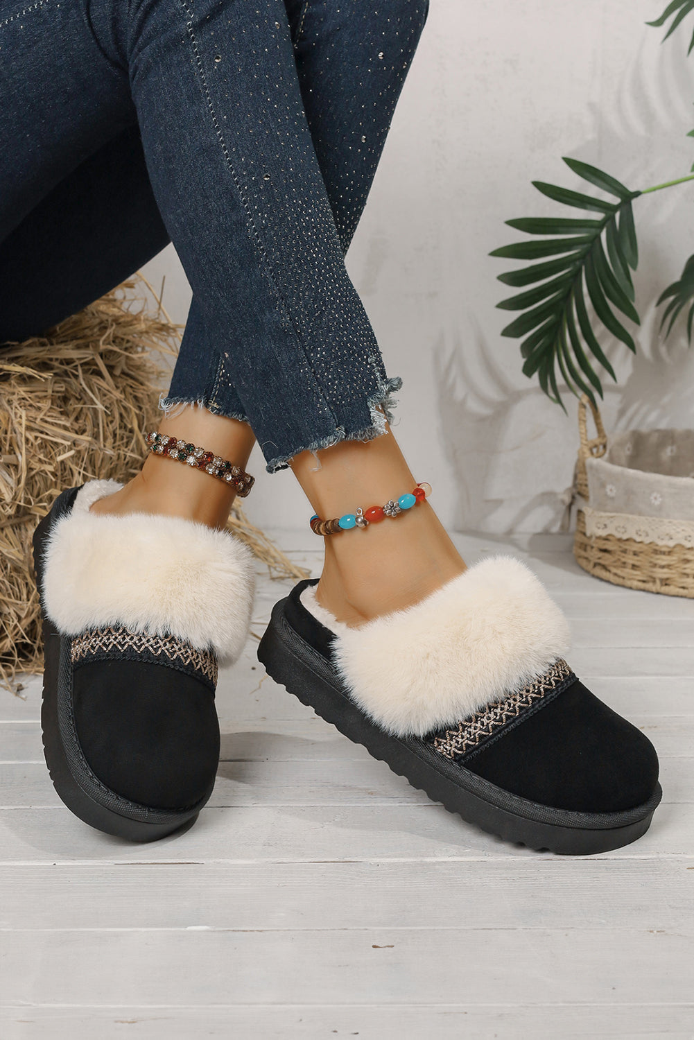 Faux Suede Plush Trim Ethnic Mule Slippers