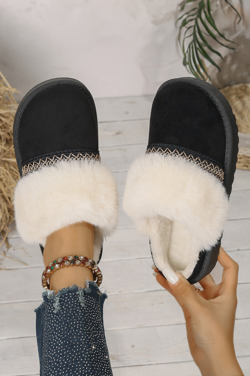 Faux Suede Plush Trim Ethnic Mule Slippers