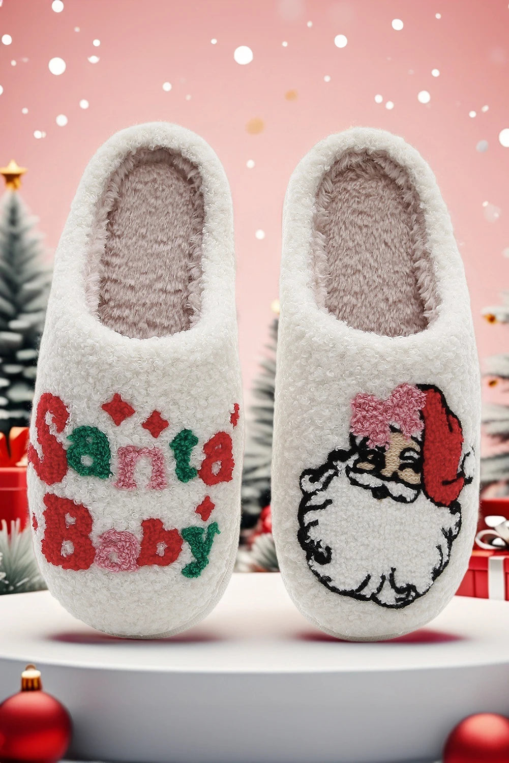 White Plush Santa Baby Christmas Asymmetric House Slippers