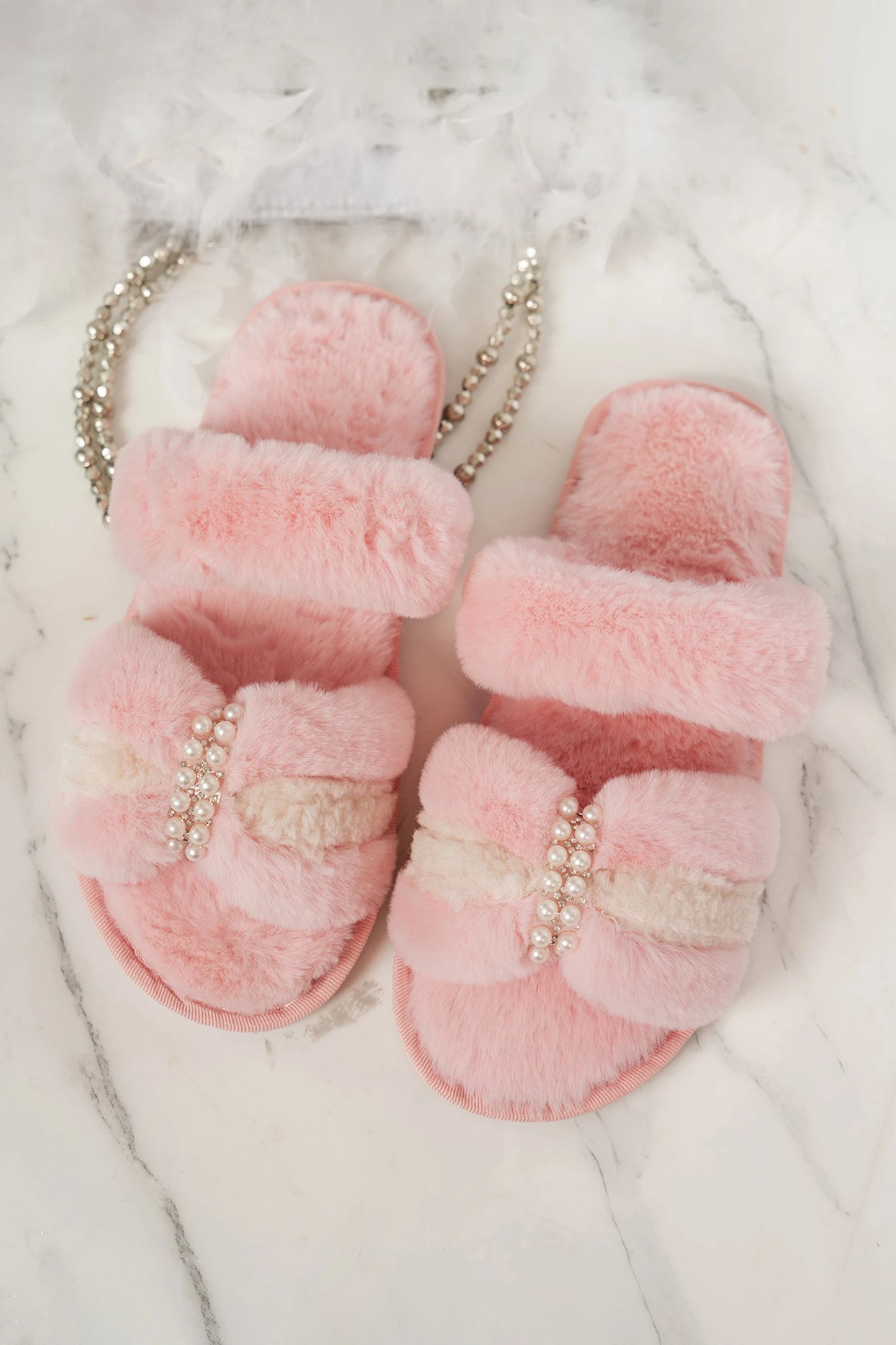 Pink Plush Strap Pearl Embellished Bow Design Open Toe Slippers