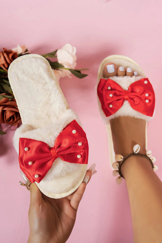 White Pearl Embellished Ribbon Bow Plush Open Toe Lounge Slippers