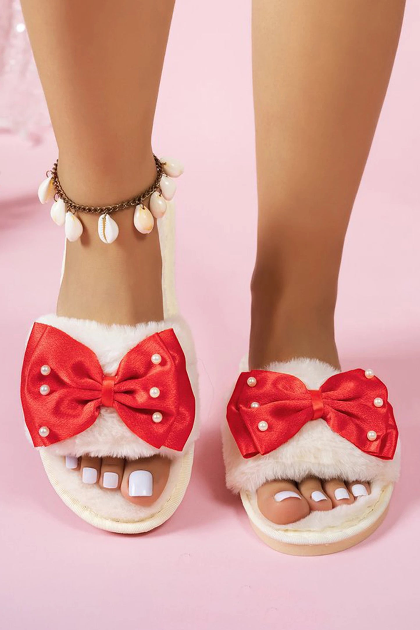 White Pearl Embellished Ribbon Bow Plush Open Toe Lounge Slippers