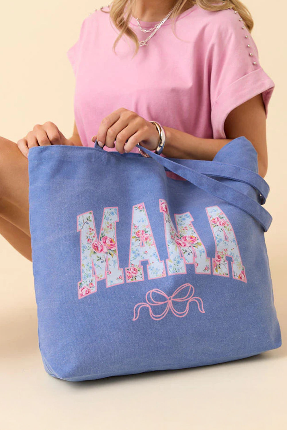 Letter Bow Print Canvas Tote Bag