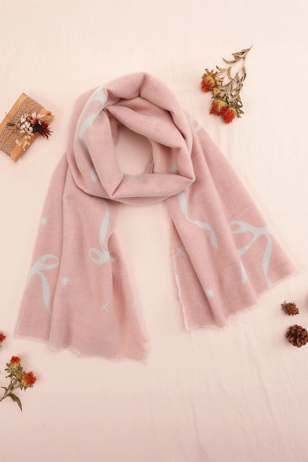 Pink Bow Starry Print Raw Edge Lightweight Scarf