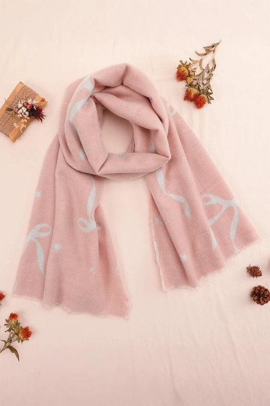 Pink Bow Starry Print Raw Edge Lightweight Scarf
