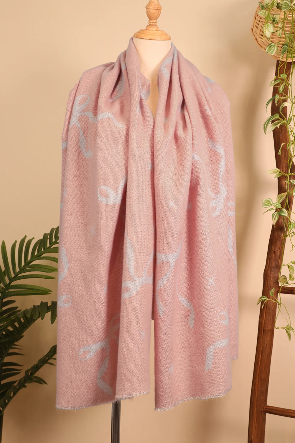 Pink Bow Starry Print Raw Edge Lightweight Scarf