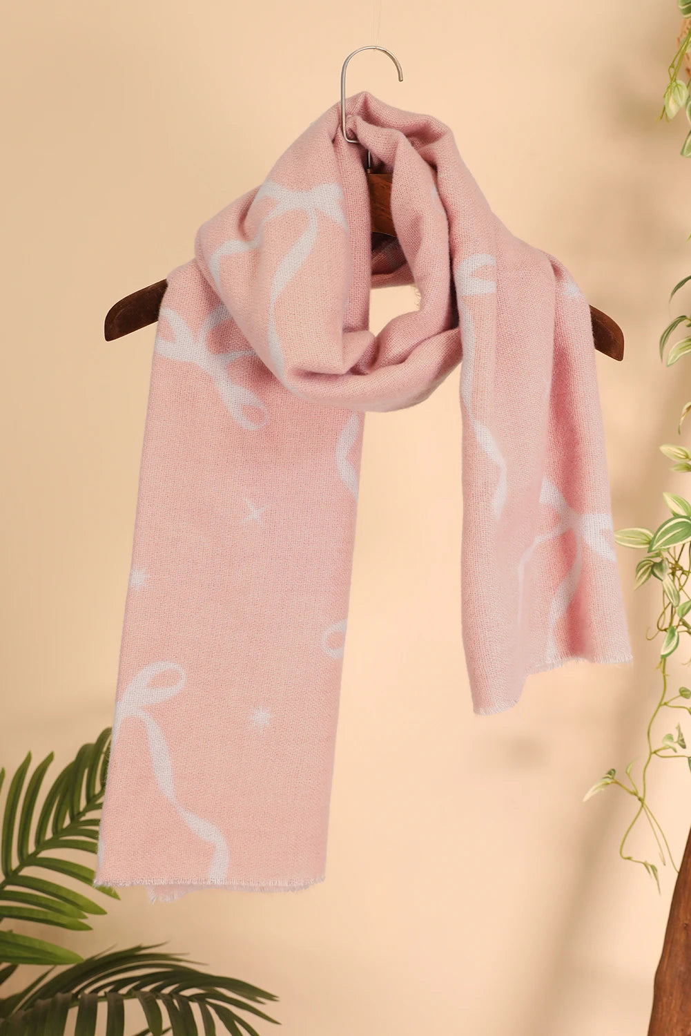 Pink Bow Starry Print Raw Edge Lightweight Scarf