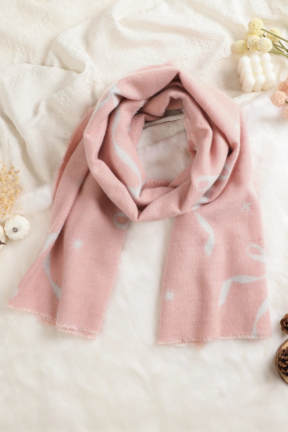Pink Bow Starry Print Raw Edge Lightweight Scarf