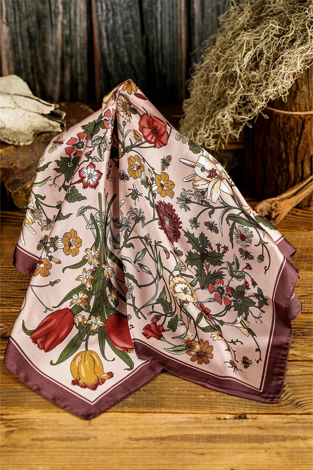 Apricot Pink Vintage Floral Print Silky Square Scarf