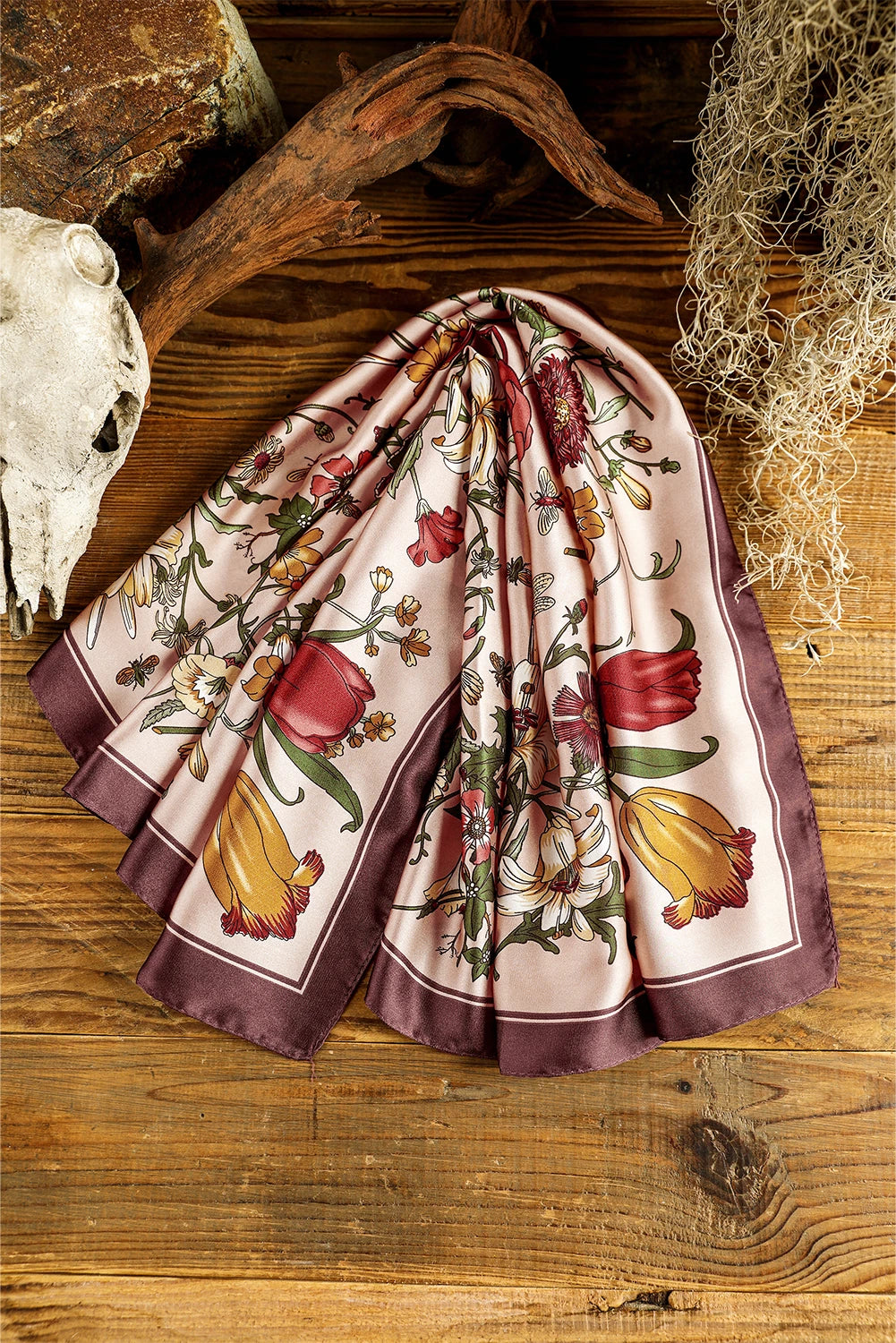 Apricot Pink Vintage Floral Print Silky Square Scarf