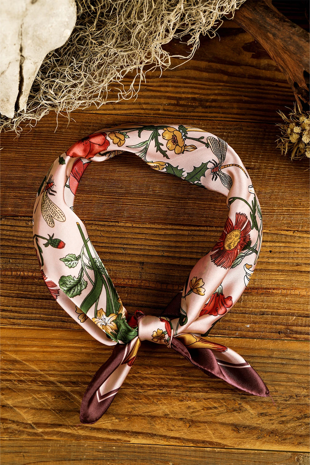 Apricot Pink Vintage Floral Print Silky Square Scarf