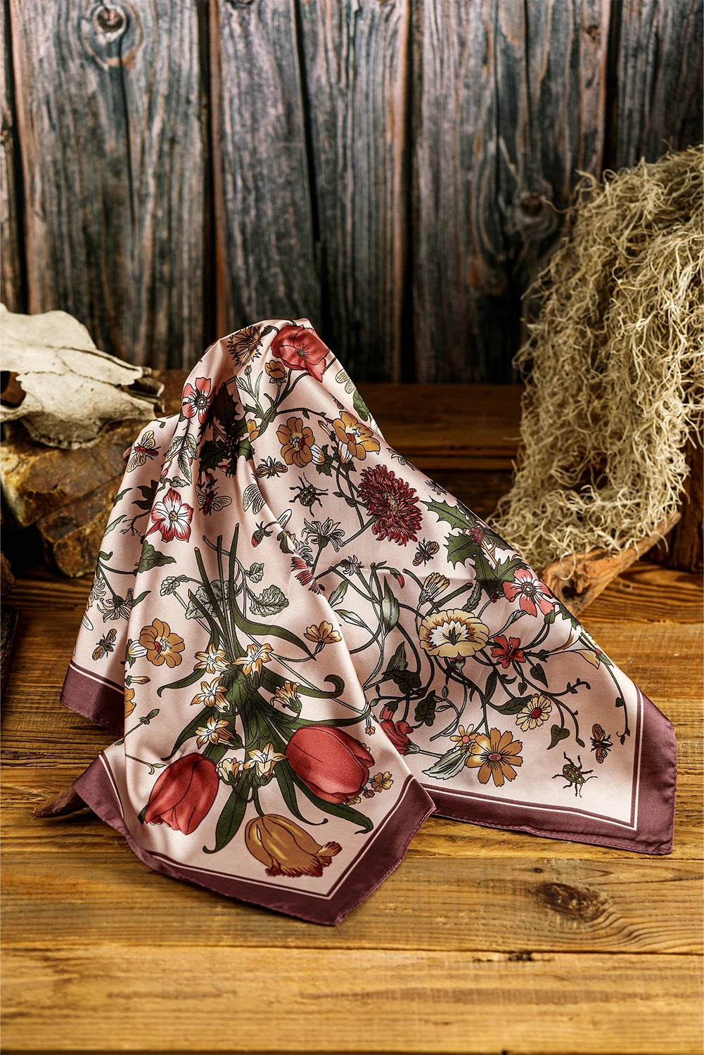 Apricot Pink Vintage Floral Print Silky Square Scarf