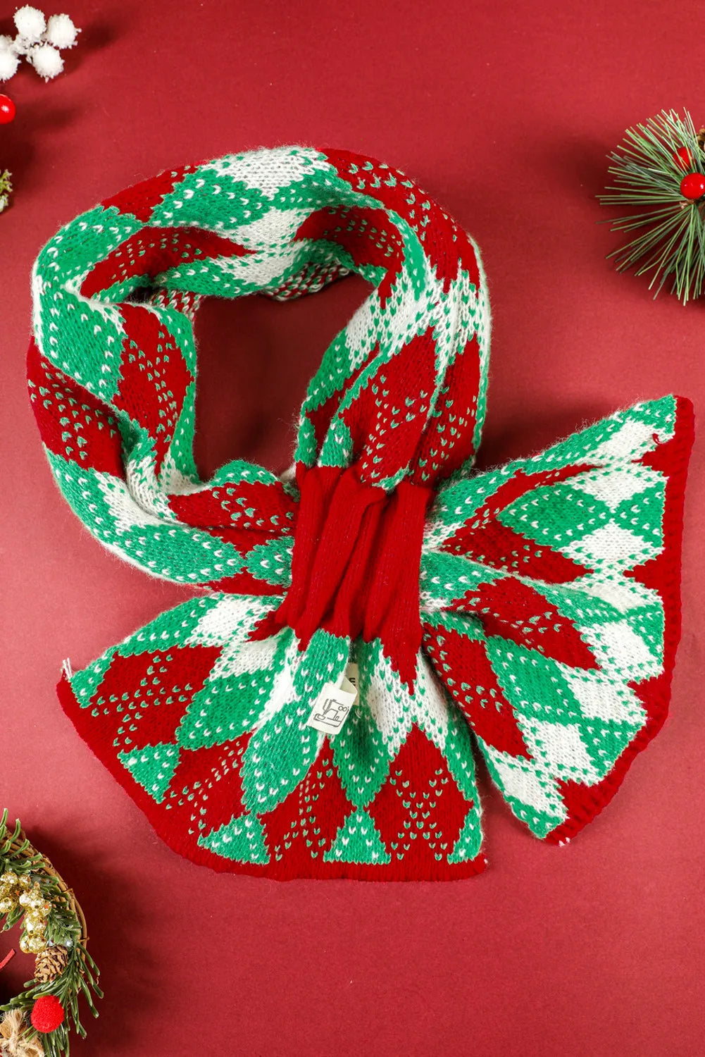 Fiery Red Christmas Argyle Warm Knit Winter Scarf