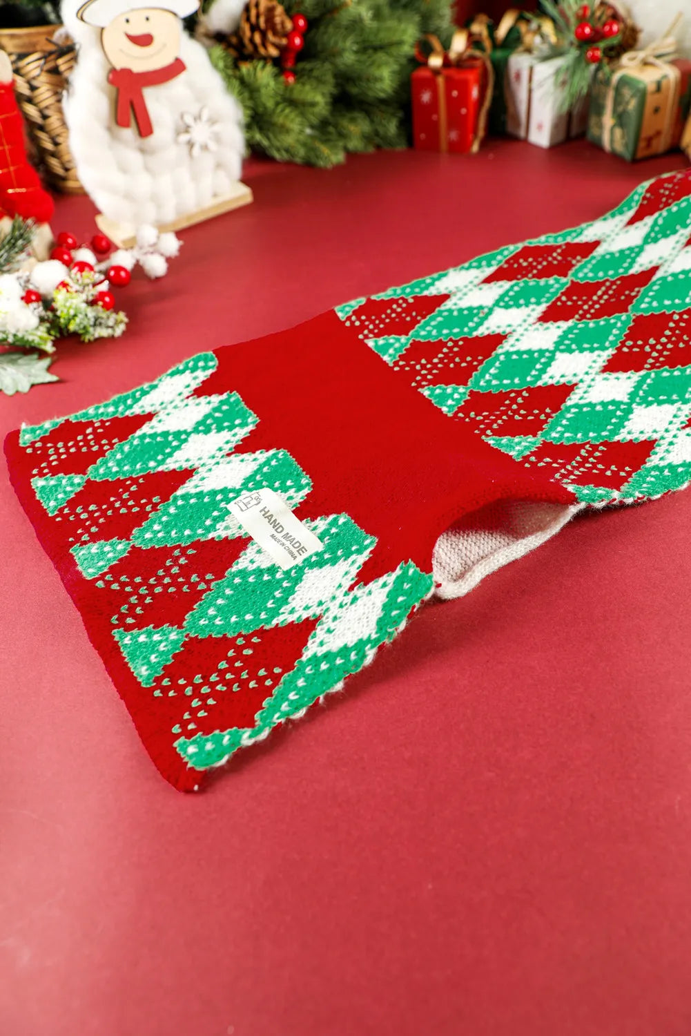 Fiery Red Christmas Argyle Warm Knit Winter Scarf