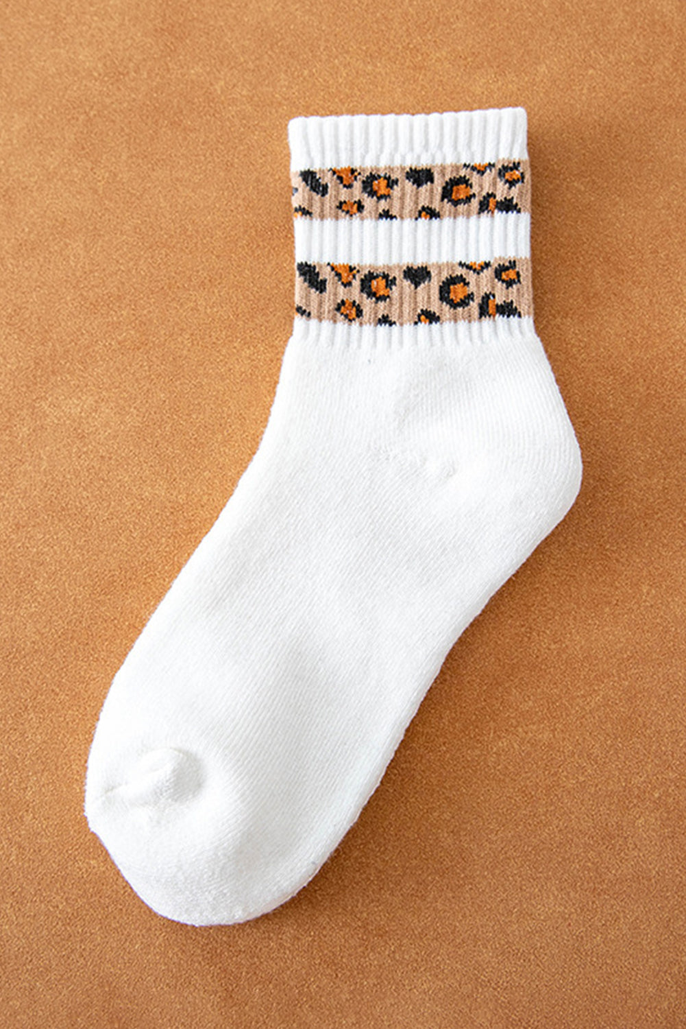 White Leopard Striped Detail Ribbed Cuffs Womens Socks