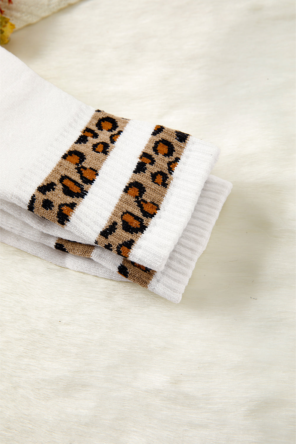 White Leopard Striped Detail Ribbed Cuffs Womens Socks