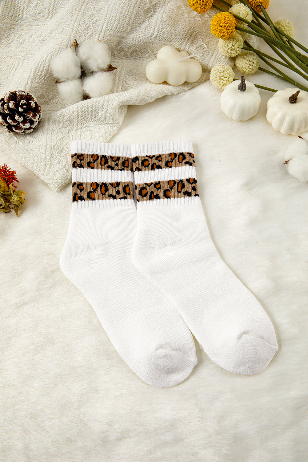 White Leopard Striped Detail Ribbed Cuffs Womens Socks
