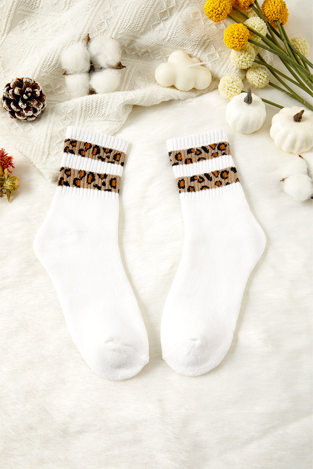 White Leopard Striped Detail Ribbed Cuffs Womens Socks