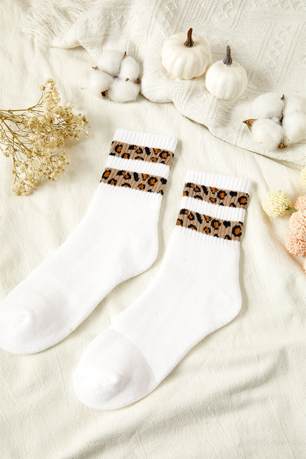 White Leopard Striped Detail Ribbed Cuffs Womens Socks