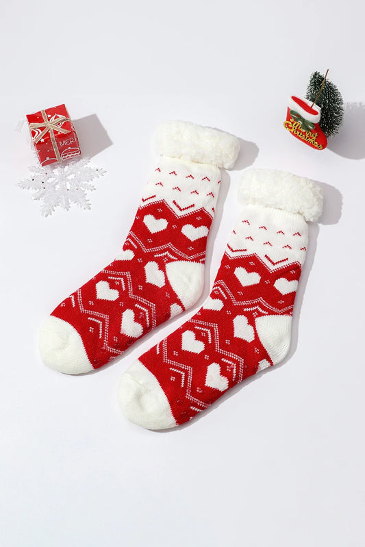 Fiery Red Geometric Heart Pattern Knit Fuzzy Cuff Christmas Knee High Socks