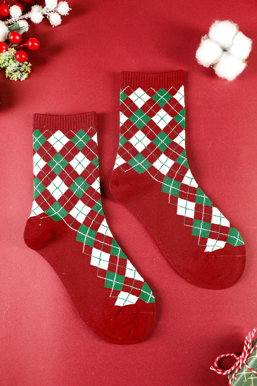 Fiery Red Christmas Argyle Print Socks