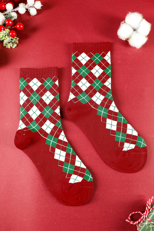 Fiery Red Christmas Argyle Print Socks