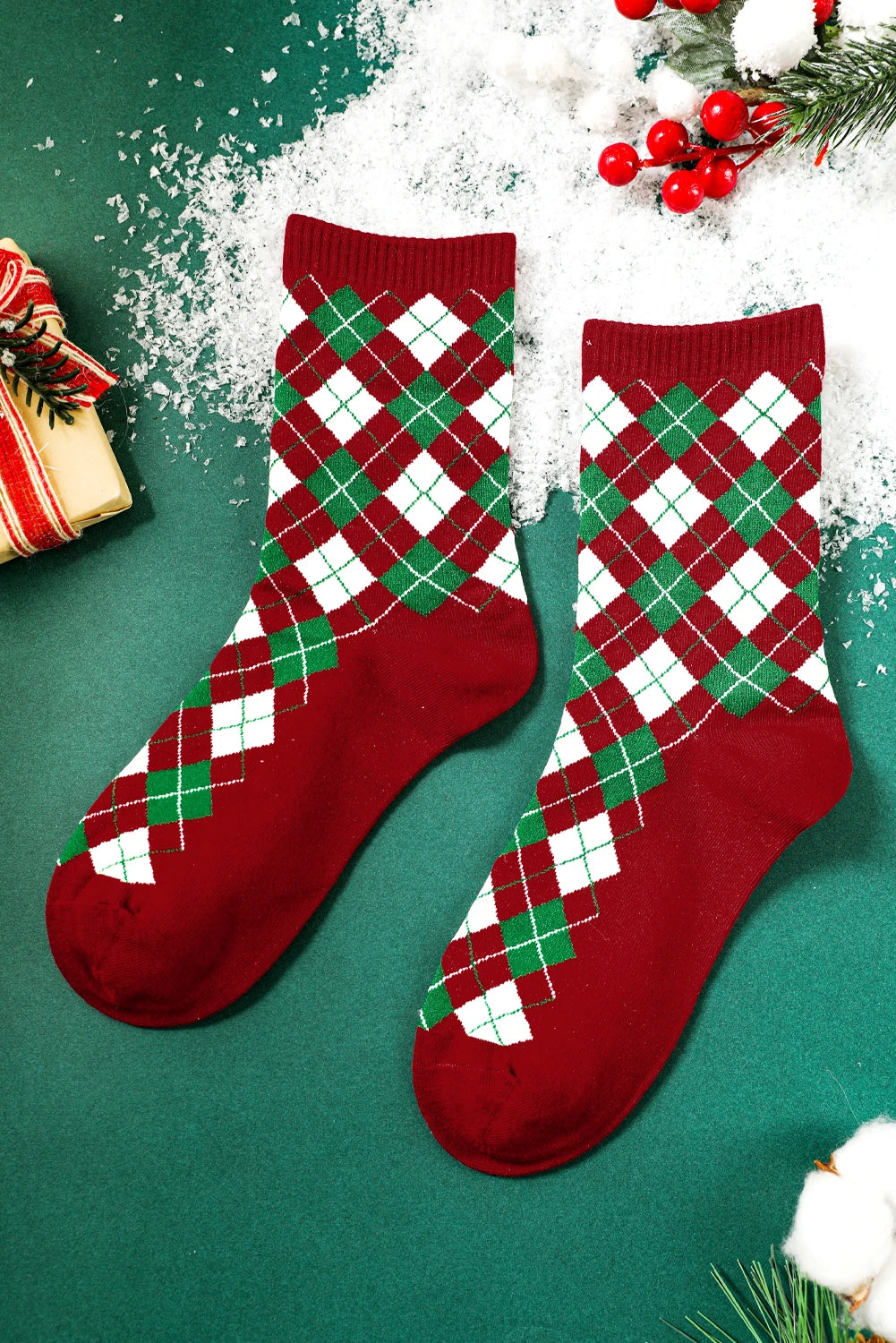 Fiery Red Christmas Argyle Print Socks
