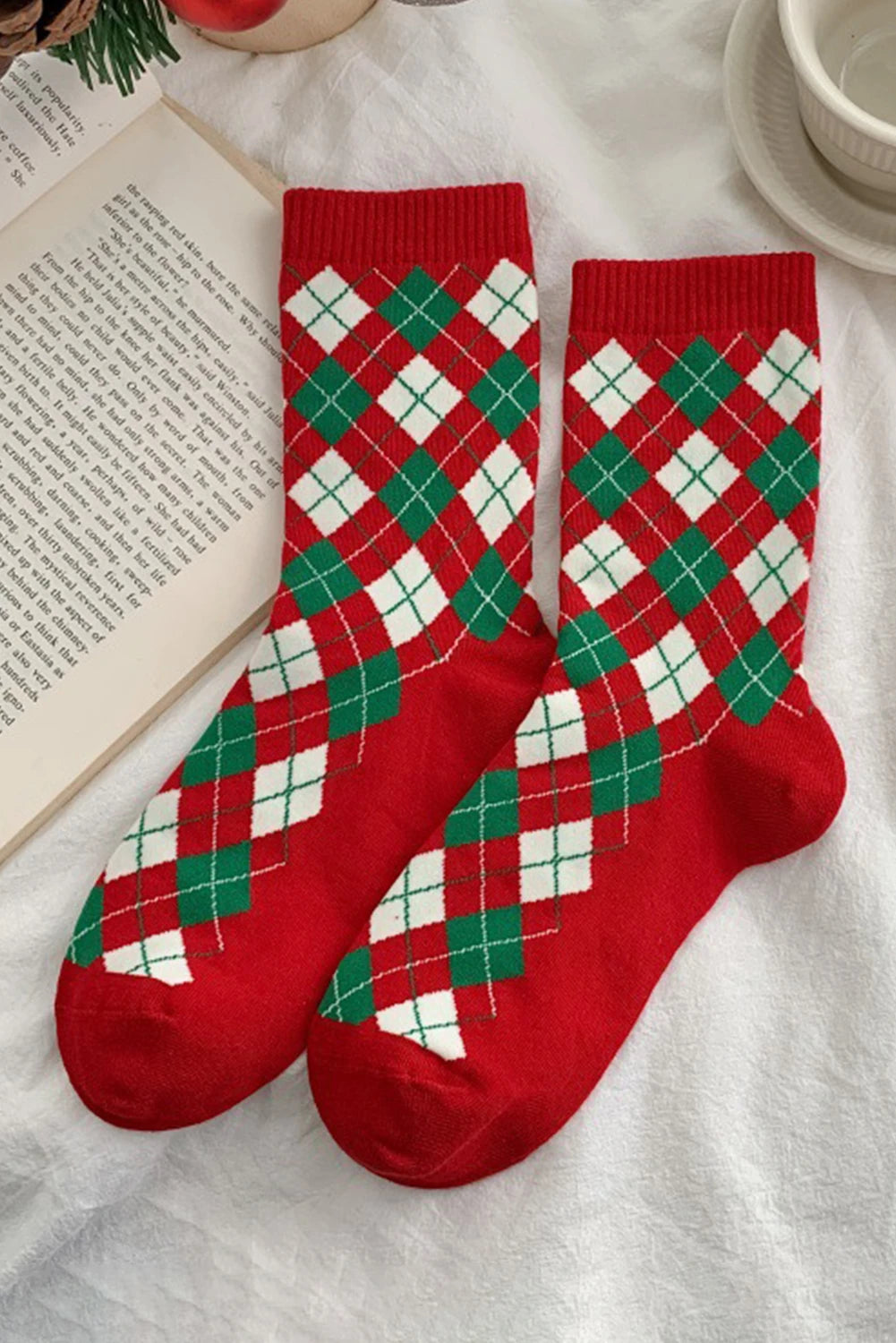 Fiery Red Christmas Argyle Print Socks