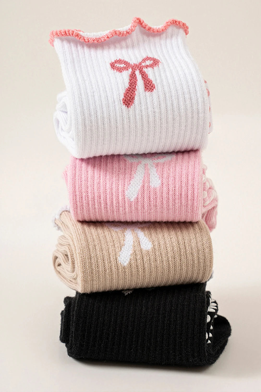 White Bow Print Non-Slip Ruffle Grip Socks