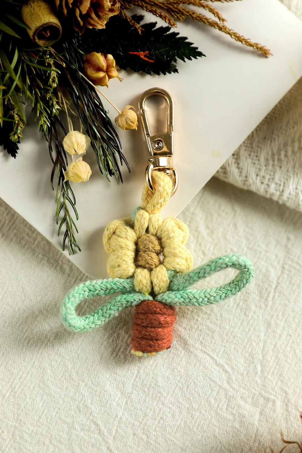 Pink Macrame Flower Pot Crochet Keychain