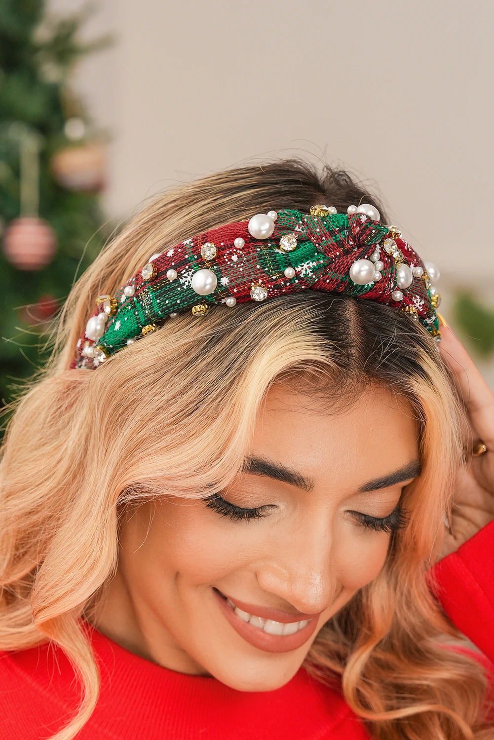 Dark Green Plaid Tweed Pearl Rhinestone Embellished Knot Headband