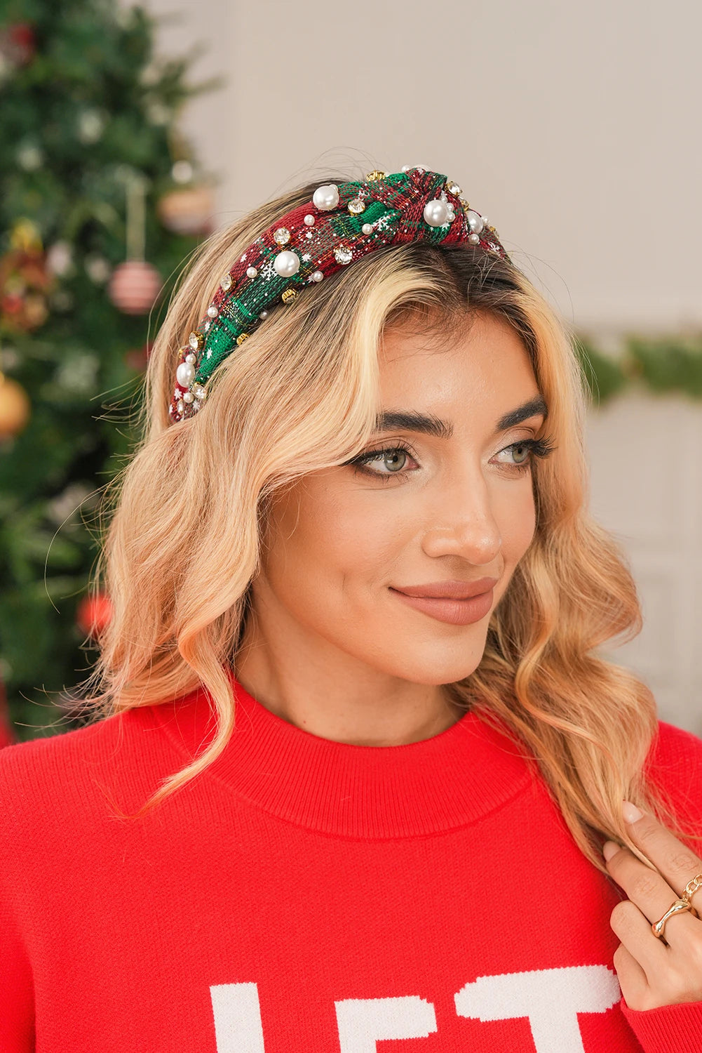 Dark Green Plaid Tweed Pearl Rhinestone Embellished Knot Headband