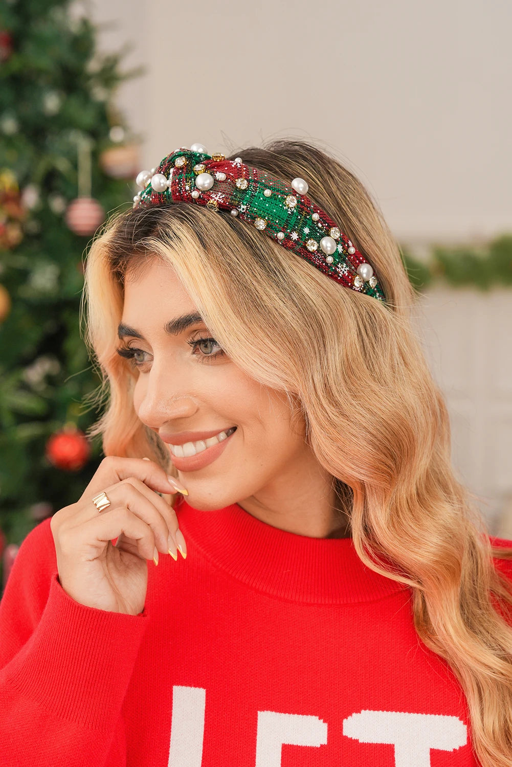 Dark Green Plaid Tweed Pearl Rhinestone Embellished Knot Headband