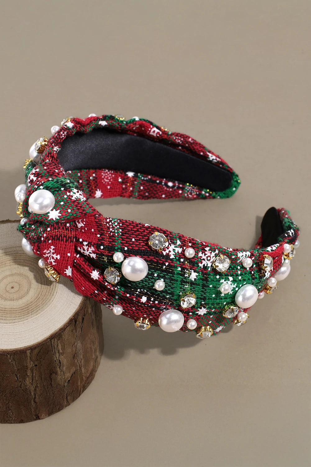 Dark Green Plaid Tweed Pearl Rhinestone Embellished Knot Headband