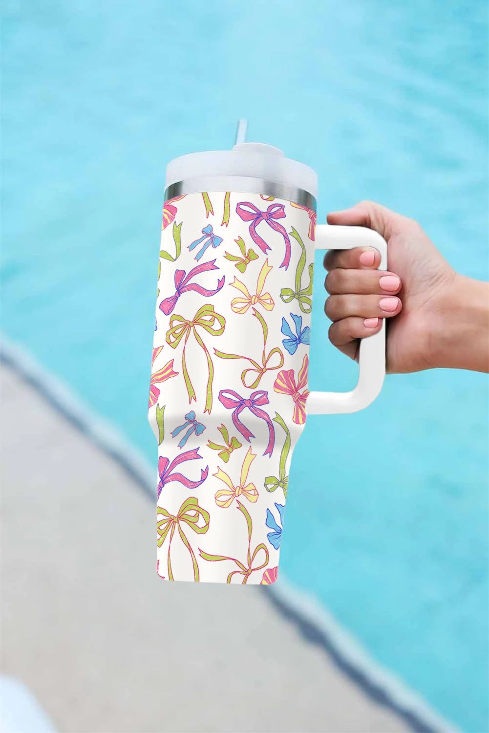 White Bow Knot Print Large Stainless Steel Vacuum Cup 40oz