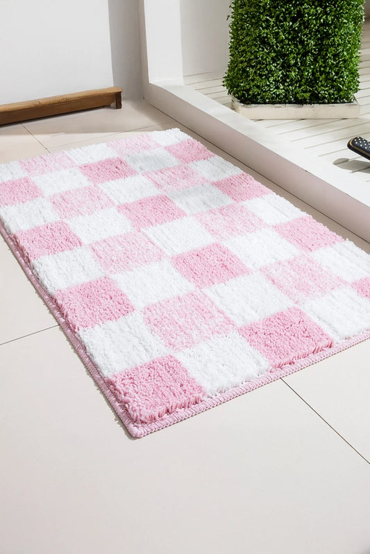 Pink Plush Checkered Absorbent Bathroom Rug