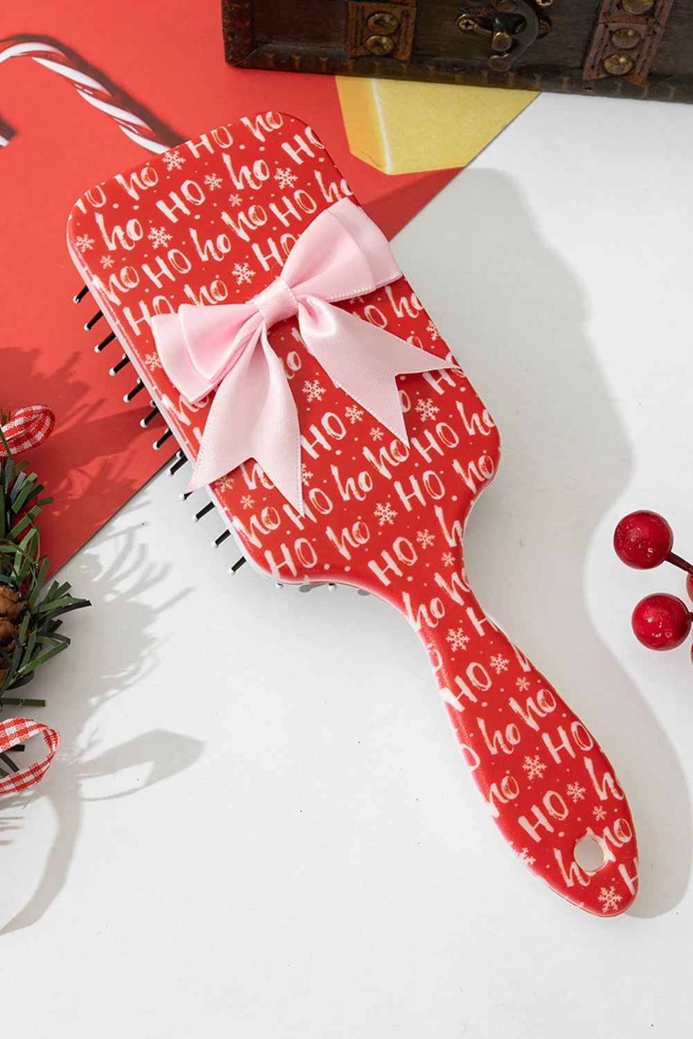 Pink Christmas Letter Print Ribbon Bow Decor Scalp Massage Comb