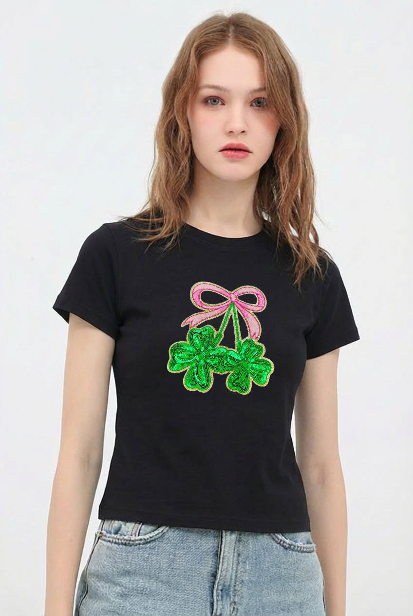 St Patricks Day Bow Shamrock Sequin Crop T-Shirt