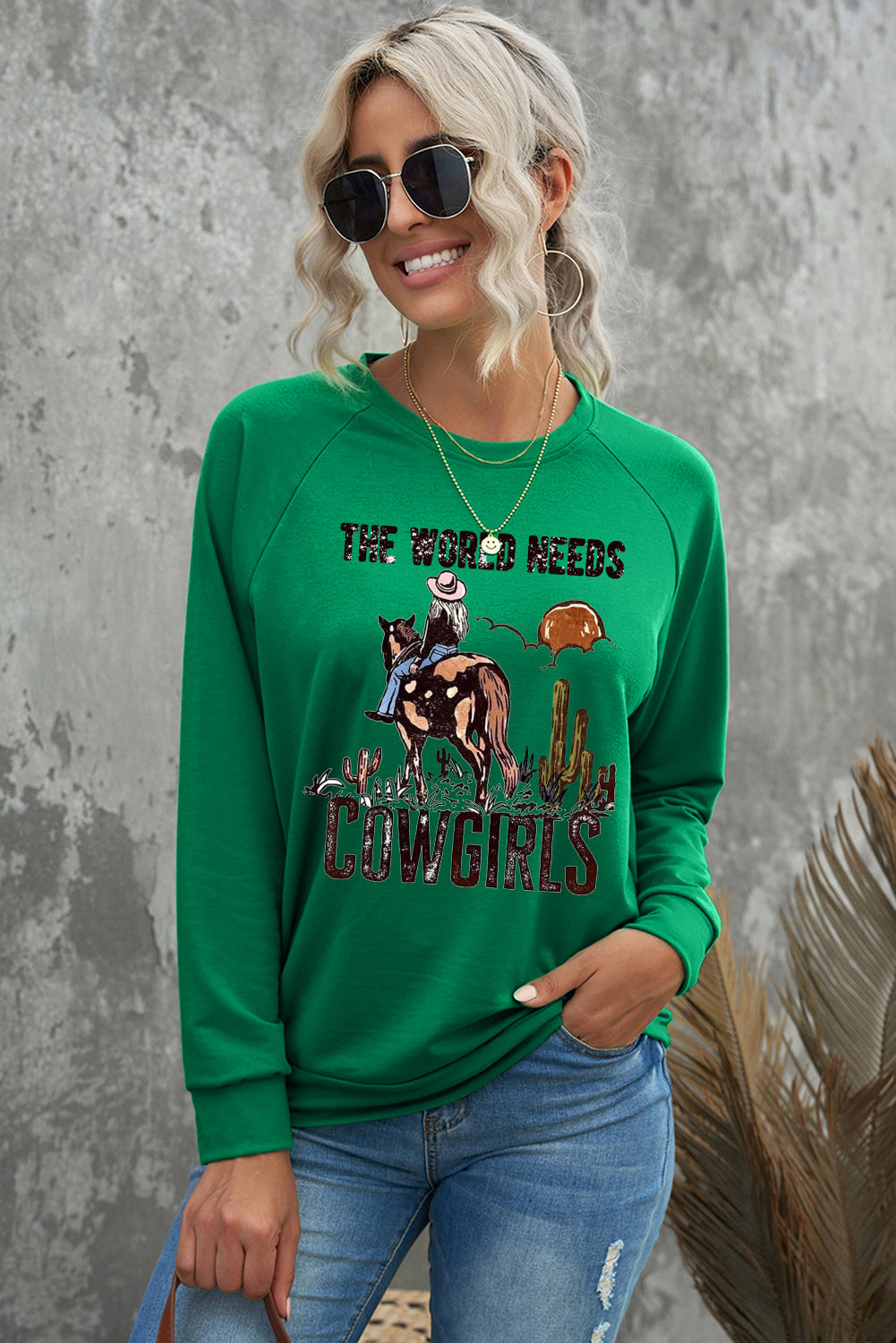 Plain Crew Neck Western Cowboy Pattern Pullover Sweatshirt