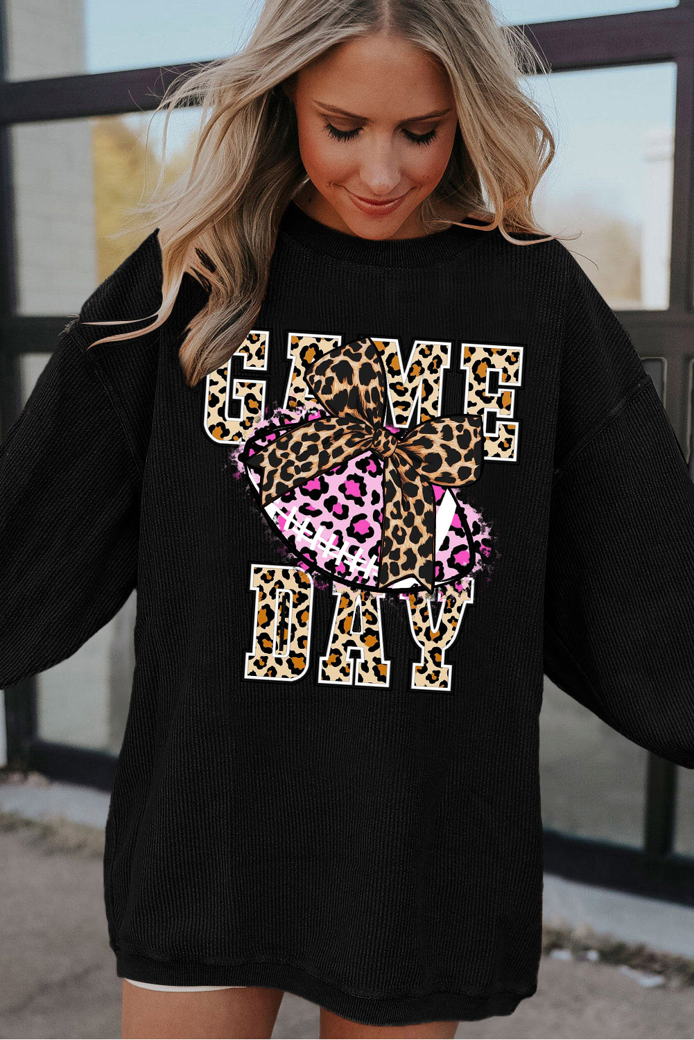 Game Day Rugby Ribbed Knit Leopard Crew Neck Pullover Sweatshirt