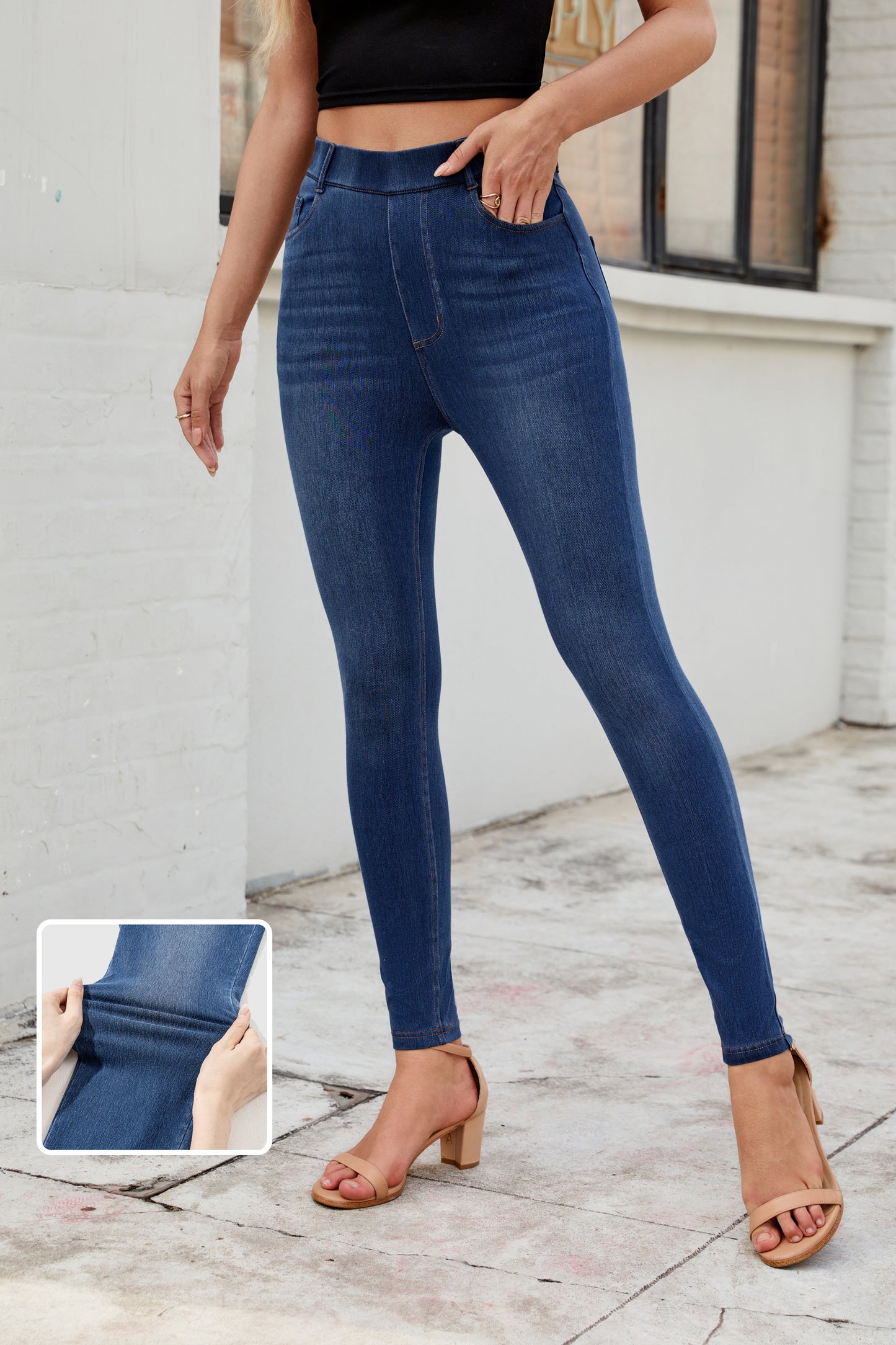 Women's Skinny Elastic Waist Ankle Midriff Pantyhose with Pockets